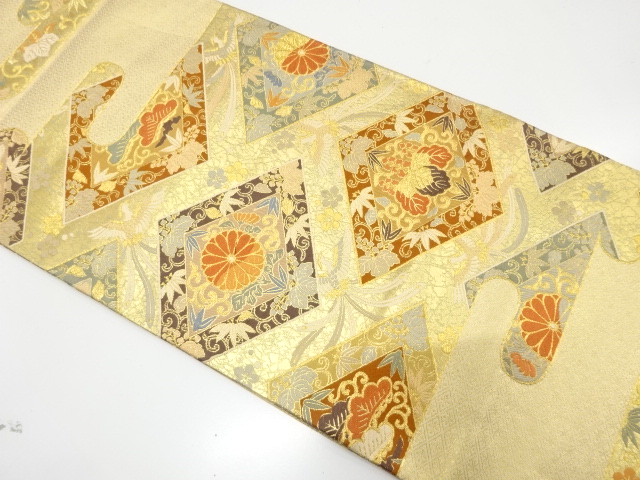 JAPANESE KIMONO / FUKURO OBI FOR FURISODE / SILK / WOVEN EGASUMI & FLORAL RHOMBUS & PHOENIX
